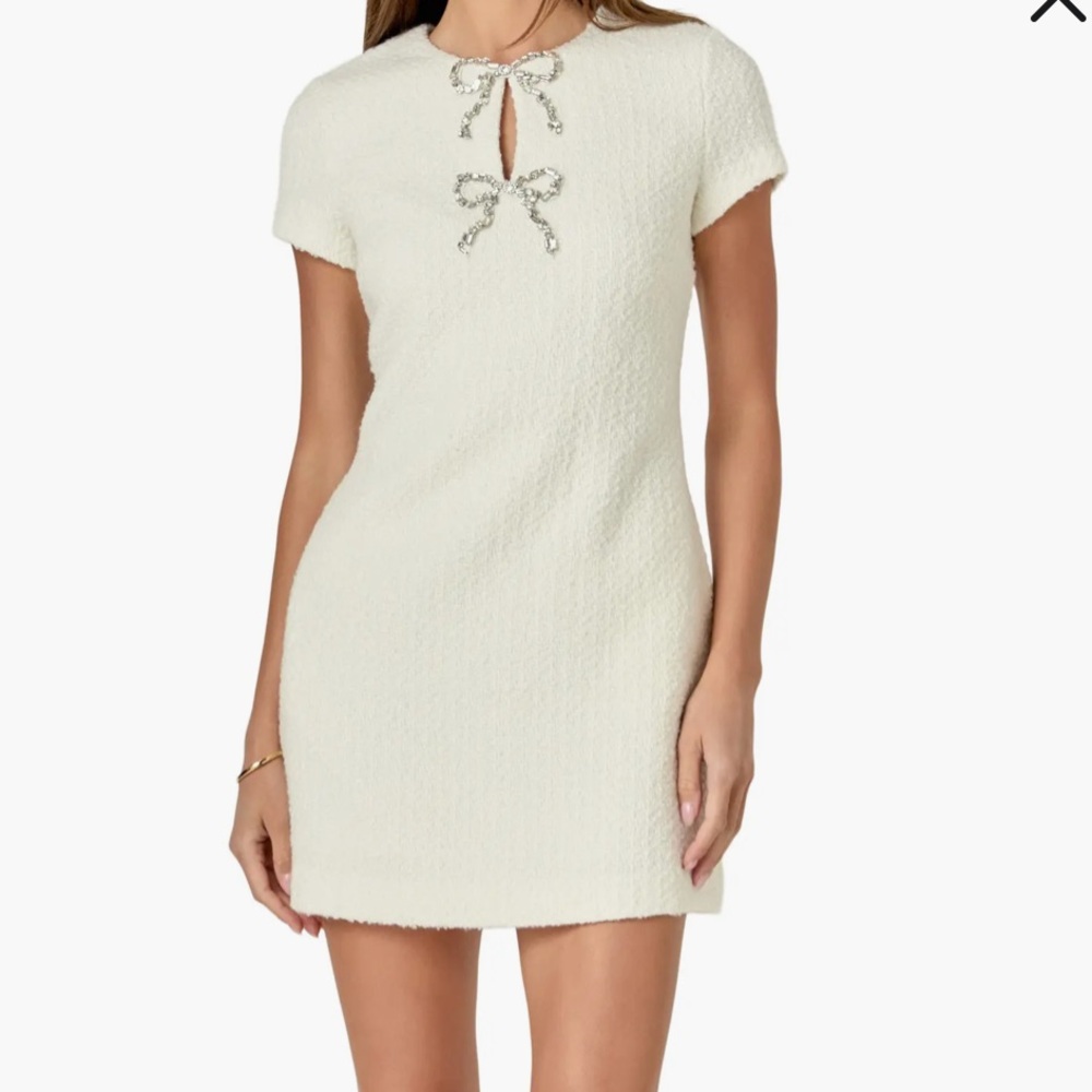 Endless Rose Cream Tweed Mini Dress with Rhinestone Bow Details